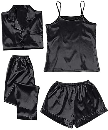 Pyjama Set for Women 4 Piece Satin Pyjamas Sleepwear Set Skin-Friendly Short Sleeve Strappy Cami T Shirts And Shorts Set Soft Tops Long Pants Sets Light Leisure Loungewear Underwear Pjs