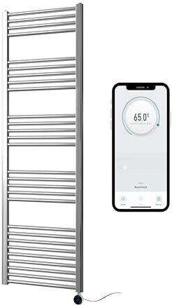 Greened House Chrome Electric Smart WiFi Controlled Heated Towel Rail 500mm W x 1600mm H Flat 7 Day Programmable Timer App Compatibility