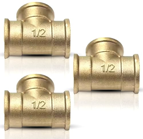 ipeSan – Raccordo a T 3 vie in ottone 1/2″ BSP – set 3 pezzi – filetto interno a 90° – per acqua, gas, aria e riscaldamento – fino a 10 bar / 120 °C – richiede sigillatura
