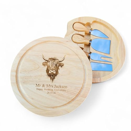 Rutherfords Gifts Personalised Highland Cow Cheese Board - Engraved Wedding Birthday Kitchen Gift