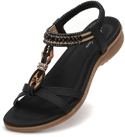 Littleplum Sandalen Damen Sommer Sandaletten Strand Zehentrenner Bohemian Flip Flops(Schwarz,40EU)