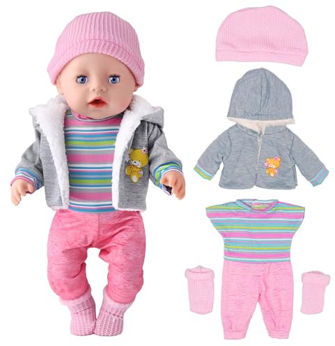 Puppenkleidung 43 cm Hellgrau Kleidung,Puppenkleidung für Baby Puppen,mit Mantel Bluse Hosen Hut und Socken,Passende Geburtstagsgeschenke für Jungen und Mädchen