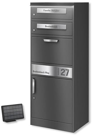 Metzler Paketbox mit 2 Briefkästen und LED solar Beleuchtung, 2er Briefkasten mit Paketfach & Namensgravur, Gravurplatten aus Edelstahl - Großer Outdoor Paketbriefkasten in Eisenglimmer - Bispo 2