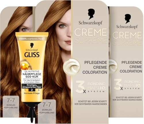 Schwarzkopf Creme Supreme Coloration 7-7 Dunkles Kupferblond (182 ml) | Dauerhafte Haarfarbe mit Serum und Haar-Maske, schützt vor sichtbaren Haarschäden, intensive Farbe für 100% Grauabdeckung