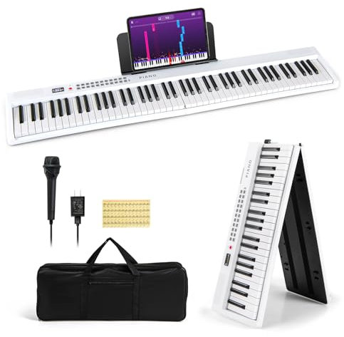 COSTWAY Piano Numérique Pliable 88 Touches avec Microphone & Pupitre, Clavier Électronique Portable avec Haut-Parleurs & Fonction MIDI, 1000 Rythmes, 1000 Timbres, Sac pour Débutants Enfants (Blanc)