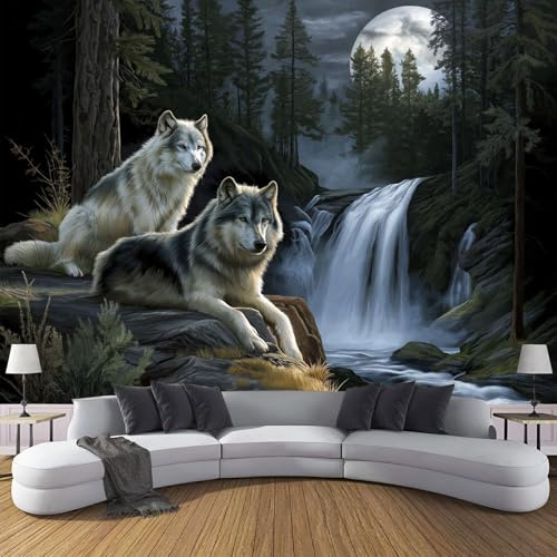 Fototapete 3D Effekt Wildtiere Wasserfälle Tapete Wolf Wald Tapeten Vliestapete Modern Wandtapete Wohnzimmer Wanddeko Motivtapeten 200×140cm(W×H)