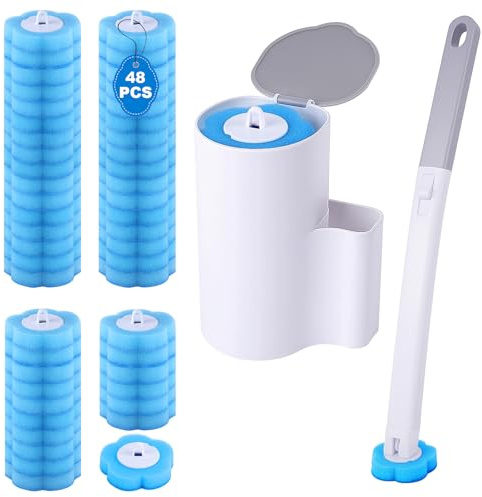 wlich Disposable Toilet Brush 48 Refills, Wall Mounted Holder for Bathroom | Hygienic Disposable Refills, Flexible Scrubbing Head, Storage Box, & Wall Mounted Holder for Bathroom Toilet Deep Cleaning