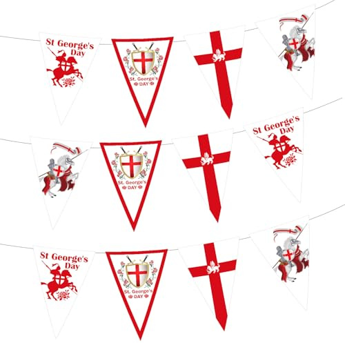 Happy St. George's Day Banner - St George Red White Flag Bunting Banner for Patriotic Party, England National Day Garland Party Decorations 3 Pcs