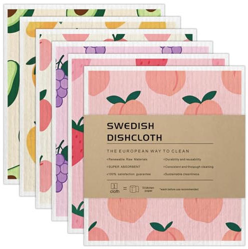 Swedish Dishcloth Set of 6 Reusable Cleaning Cloths (Fruit Fiesta) | Absorbent 100% Biodegradable Compostable Plastic-Free for Any Surface