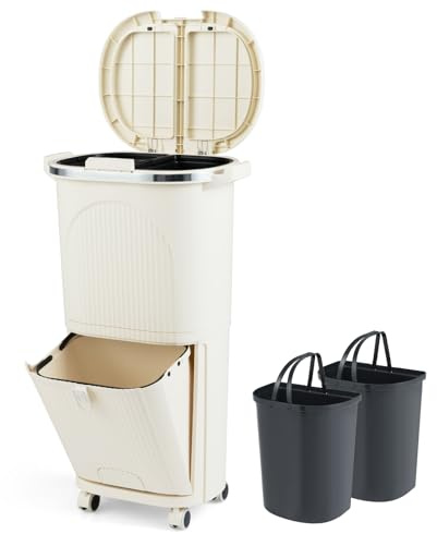 GIANTEX Poubelle Cuisine de 38 L, Poubelle Tri Selectif avec 3 Compartiments, Roulettes, Poignées, Pédale, Seau en PP avec Couvercles à Pression et Pédale, pour Salle de Bain, Cuisine, Bar, Beige