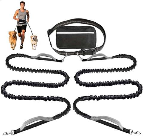 Hundkoppel, hundkoppel, dubbelt hundkoppel, justerbart midjebälte, reflekterande, handsfree-koppel för hundar, för löpning, jogging, promenader, träning, vandring (svart)