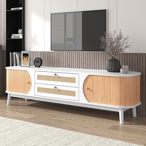 Lowboard 170 cm – TV Schrank mit Schubladen & Türen – Fernsehtisch im Landhausstil mit Massivholz-Füßen & Rattan – TV Kommode mit Aufbewahrung für Wohnzimmer – Fernsehschrank Holz, Weiß