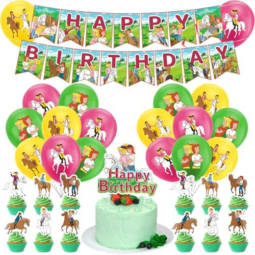 Pferde Geburtstagsdeko, 32PCS Grün Geburtstagsdeko Tortendeko Geburtstag Luftballons, Tortendeko Pferd, Mädchen Gegen Jungs-1 Happy Birthday Banner, 13 Cake Figuren Decoration, 18 Latexballon