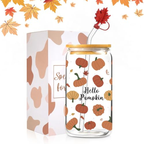 Hello Pumpkin Tasse en verre de 473 ml avec couvercle et paille, jolie tasse à café en verre pour la maison, le bureau, la fête, Thanksgiving, citrouille (citrouille)