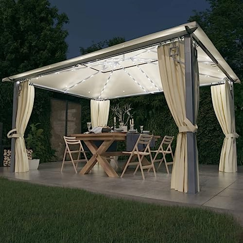 Kaloriko Tonnelle pergola 4 x 3 m crème Aluminium avec Rideaux, moustiquaires et lumières LED solaires Blanc Chaud pour Jardin terrasse Patio ombrage extérieur