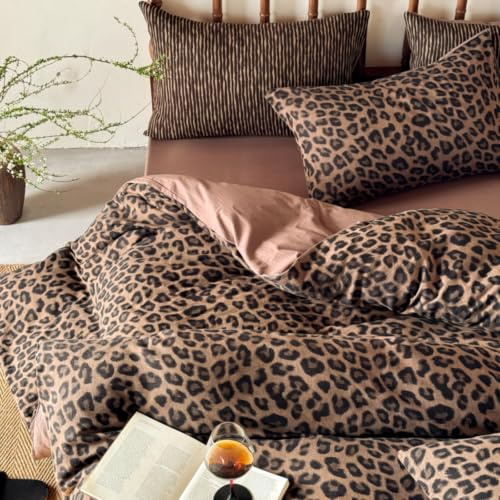 Freyamy Leopard Bettwäsche 135x200 4teilig Braun Leoparden Bettwäsche Set | Aesthetic Bettwäsche Vintage, Bettwäsche-Sets, Microfaser ÖKO-TEX, 2 Bettbezug mit Reißverschluss und 2 Kissenbezug 80x80cm
