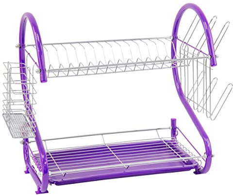 Durane Dish Drainer | 2 Tier Aluminium dish drying rack | Dish Drainer with Detachable Plastic drip tray |Utensil and Cup Holder |Dish rack for Kitchen Countertop (Purple)