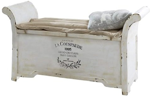 LOBERON Bank Andance Antikweiß - Sitzbank mit Verstecktem Stauraum im Shabby-Chic - aus Massivem Mangoholz - mit Canvas-Kissen - 63cm x 120cm x 42cm