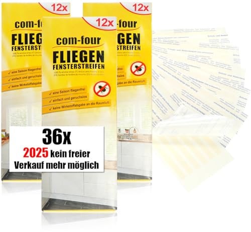 com-four® 36x transparente Fliegenstreifen, Fliegen-Köder Streifen für Fensterfalz, Fraßköder zur einfachen Anbringung - Fenster-Fliegenfalle - Aufkleber gegen Mücken (036 Stück - Streifen)
