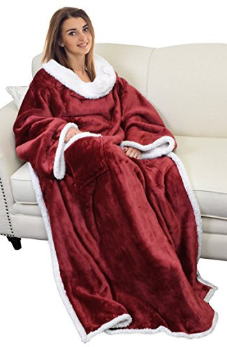 Catalonia Classy Flauschig Kuscheldecke mit Ärmeln Warm Weihnachten Geschenk für Frauen Herren, Flauschige Sherpa Tragbare Decke mit Ärmeln, Wohndecke zum Anziehen Erwachsene, 185 x 140 cm Wein