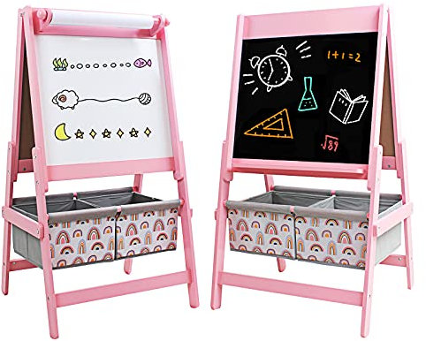 Kinder Staffelei Standtafel Kindertafel Holz, Whiteboard+Kreidetafel+Papierrolle+2 Aufbewahrungsboxen, magnetische Doppelseitige Schreibtafel Schultafel Geschenke für Kinder, 93 x 54 x 45 cm (Rosa)