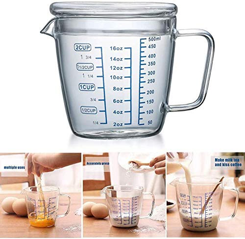 Tasse à Mesurer en Verre Pichet de Gradué avec Couvercle Verre de Doseur en Borosilicate Transparent Bécher de Graduation avec Poignée Outil d'Échelle pour Cuisine Micro-Ondes Café Lait Thé 250/500ml