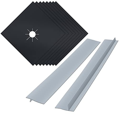 8 Pcs Gas Hob Covers for Gas Cookers, MSDADA Reusable Stove Burner Covers with 2 Pcs 21” Stove Counter Gap Cover, Non-Stick Gas Hob Range Protectors, Induction Hob Protector Mat(8 Black+2 Grey)