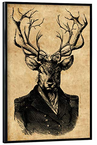 artboxONE Poster mit schwarzem Rahmen 75x50 cm Tiere Steampunk Hirsch im Anzug - Bild Hirsch im Anzug