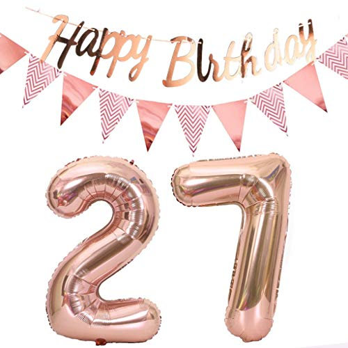Luftballons 27.geburtstag deko frauen rosegold+Happy Birthday Girlande +Wimpelkette 40Zahlen Ballon 27 Luftballons 27 Jahre Geburtstag Dekoration frau Geburtstagdeko 27 Geburtstag deko rosegold(27)