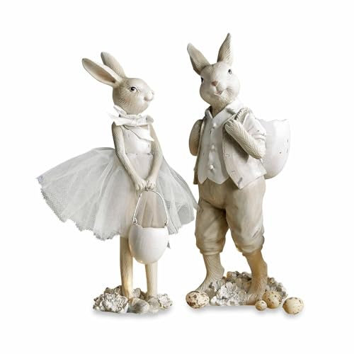 Loberon Hase 2er Set Perpignan, detailreich gestaltet, handbemalt, nostalgischer Charme, Ostern, Osterhase, Osterdekoration, Osterfigur, Polyresin, beige