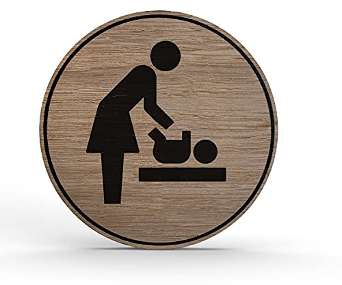 Betriebsausstattung24 Holz-Türschild Piktogramm Wickelraum - Hinweisschild aus Eichenfurnier - rund Ø 10cm, eiche - Für Ihre Tür & Wand - Inkl. Klebepad