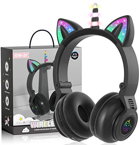 JYPS Einhorn Bluetooth-Kopfhörer, kabellose/kabelgebundene Kinder kopfhörer Mädchen mit LED-licht, Kopfhörer Kinder über Ohr mit Mikrofon und SD-Kartensteckplatz, für iPad/Kindle/Tablet (Schwarz)