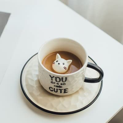 Tasse à café 3D en forme d'animal de dessin animé - Inscription « There is a cat inside » - Pour les amoureux des animaux - Tasse à thé pour femmes et filles (petit chat blanc)