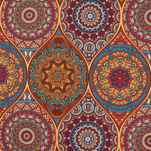 Dekostoff bunte Mandalas, Leinenoptik, orange (Länge am Stück: 50cm / Breite: 140cm)