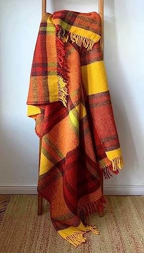 JOWOLLINA WOOLONLY 100% Lammwolle Wolldecke Plaid Karo Schottenmuster Tartan (Gelb/Henna-braun, 175x210 cm)