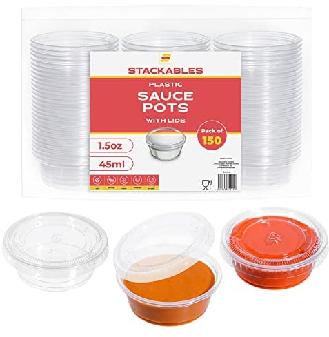 STACKABLES ~ Pack Of 150 Tiny Plastic Pots ~ Reusable Sauce Pot With Lids ~ Take Away Chutney Ketchup Restaurant Jelly Shot & Dessert Cups (1.5oz - 45ml)