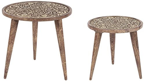 Beliani Beistelltisch 2er Set Mango Holz Dunkelbraun rund dreibeinig geschnitzt Ranja