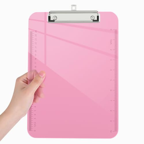 Piasoenc Plastic Clipboards, Translucent Clip Board with Low Profile, Purple Clipboard with Ruler,Office Clipboards, School Supplies, Letter Size 12.5 x 9 Inches, Pink