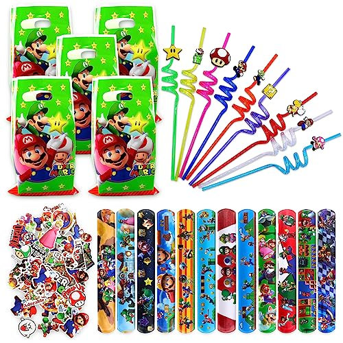 81Pcs Cartoon Kindergeburtstag Gastgeschenke, 12 Schnapparmbänder Kinder +10 Geschenktüten Plastik +50 Cartoon Wasserdicht Aufkleber +9 Lockige Strohhalme Party, Partygeschenke für Jungen und Mädchen
