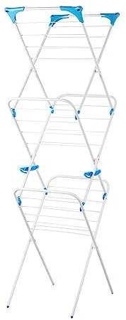 Minky Slimline 3 Tier Clothes Airer | Space Saving Compact Indoor Airer | Ideal For In The Bath and Shower | 10m Drying Space | Easy To Store | White, Blue