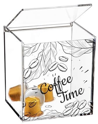 SNOWDVANCE Portacapsulas Metacrilato - Soporte Transparente para Cápsulas de Café Multiusos, Nespresso, Dolce Gusto, Caja Almacenamiento con Tapa Antipolvo 13cm X 13cm - Coffe Time