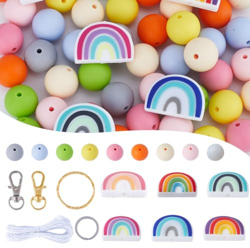 SUNNYCLUE 118Pcs Silicone Focal Beads Rainbow Shaped Colorful Silicone Beads Keychain Making Kit 15mm Round Beads Bulk Rubber Bead Key Chain Split Rings Lobster Clasps for Beading Keychains Supplies