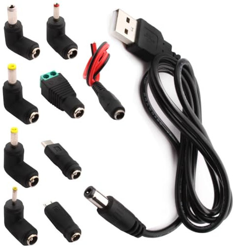 RUNCCI-YUN Cable USB a DC de Alimentación 5V, 9 en 1 Adaptador de Corriente, 5.5x2.1 mm Hembra a Macho Fuente de Alimentación Enchufe