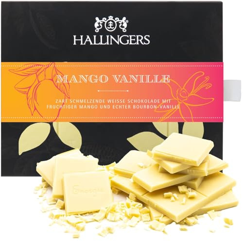 Hallingers Genuss Manufaktur Weiße Schokolade Geschenk - Tafel aus handgeschöpftem Edelkakao ohne Alkohol edler Karton Mango-Vanille Mango-Vanille, Geschenkidee für Frauen Männer