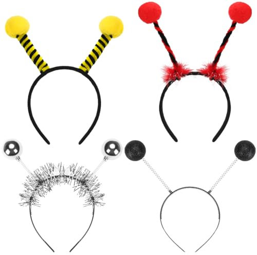 4pcs Karneval Haarreif, Biene Tentakel Stirnband, Marienkäfer Haarreif, Insekt Headwear Schwarzen Fühlern, Alien Haarband Silber mit 2 Runden Kugeln& Glitzereffekt, für Party Fasching Halloween