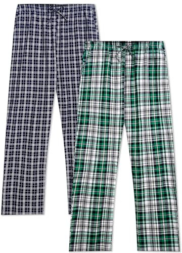 Winovia Herren Schlafanzughose Lang Baumwolle Karierte Pyjamahose Lounge Hose Pyjamaunterteil Freizeithose mit Seitentaschen für Männer, Gerade Geschnitten Blau/Weiß+Grün/Weiß L