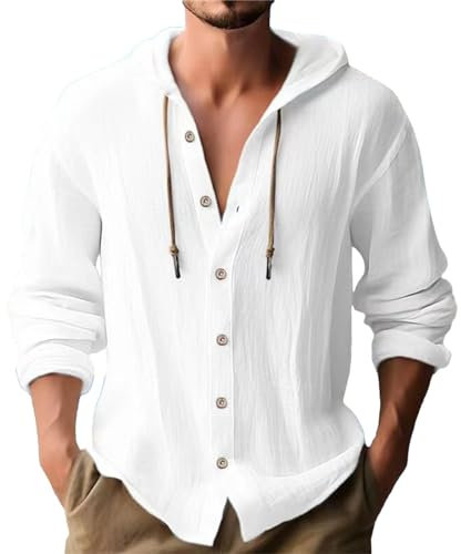 Chemise Lin Homme Col Mao Couleur Uni Henley Shirts Casual Blanche Manches Longues Chemises en Lin Été à Capuche Haut Blouse Boutonnés Hoodie Cordon De Serrage Cotton