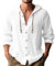 Chemise Lin Homme Col Mao Couleur Uni Henley Shirts Casual Blanche Manches Longues Chemises en Lin Été à Capuche Haut Blouse Boutonnés Hoodie Cordon De Serrage Cotton