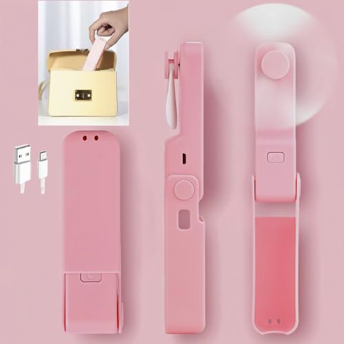 XTAIQD Hand Held Fan, USB Rechargeable Portable Handheld Fan with 3 Speeds Mini Pocket Fan Foldable Travel Fan with Power Bank Desktop Fans for Home Travel Office Outdoor(Pink)