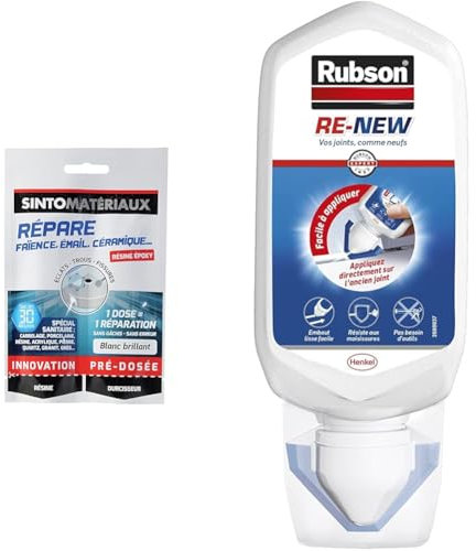 SINTORépareFaïence,Émail,Céramique Blanc-15gde résine+15gde durcisseur & Rubson RE-NEW Blanc (1 x 80ml), mastic sanitaire blanc à base de silicone, s'applique sur le joint